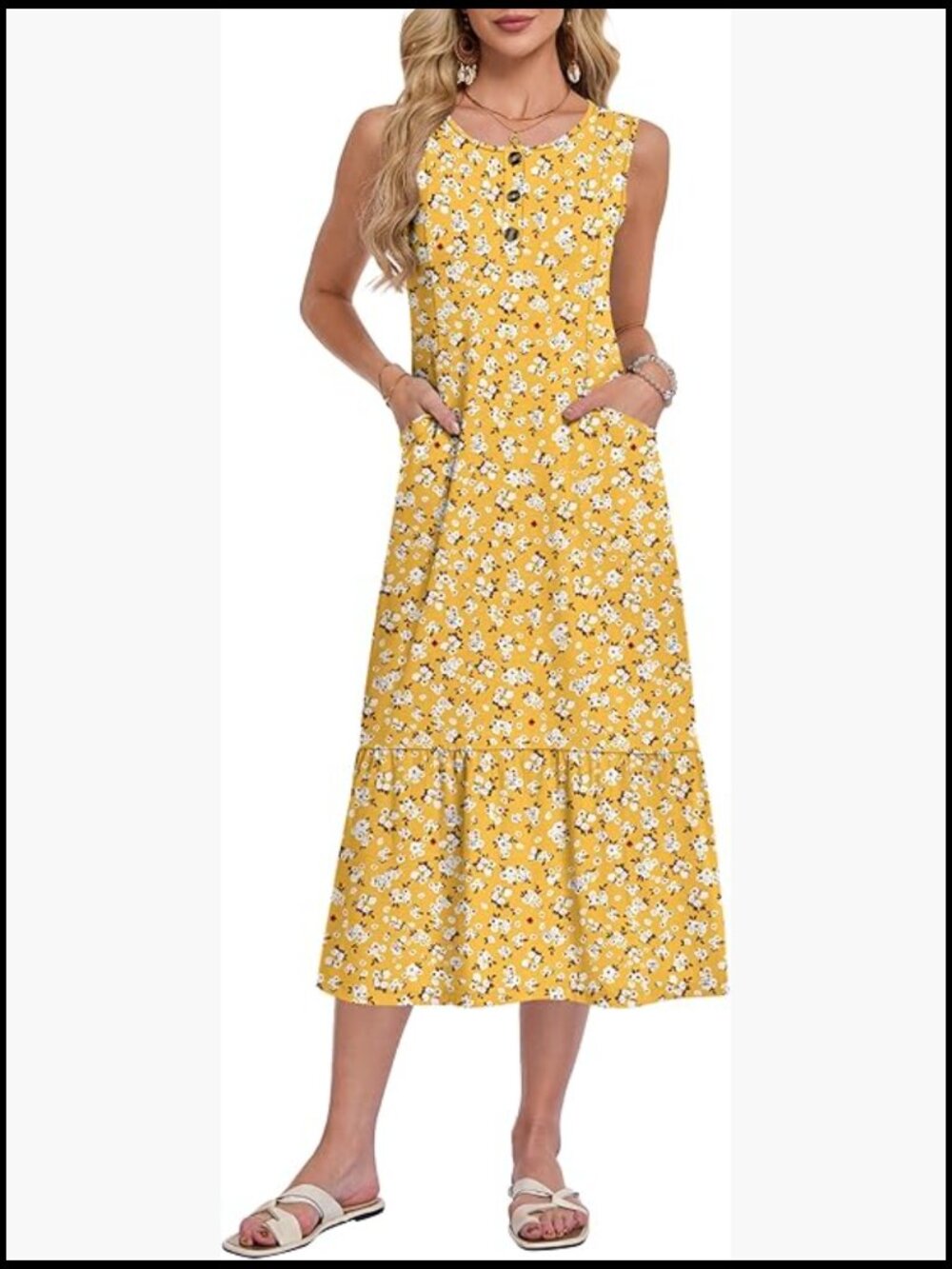 Sleeveless Crew Neck Flowy Midi Dress with Pockets